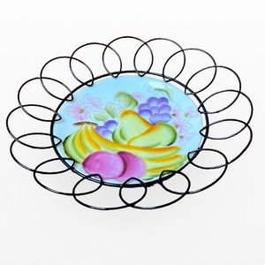 Vintage hand painted fruit plate with black metal holder